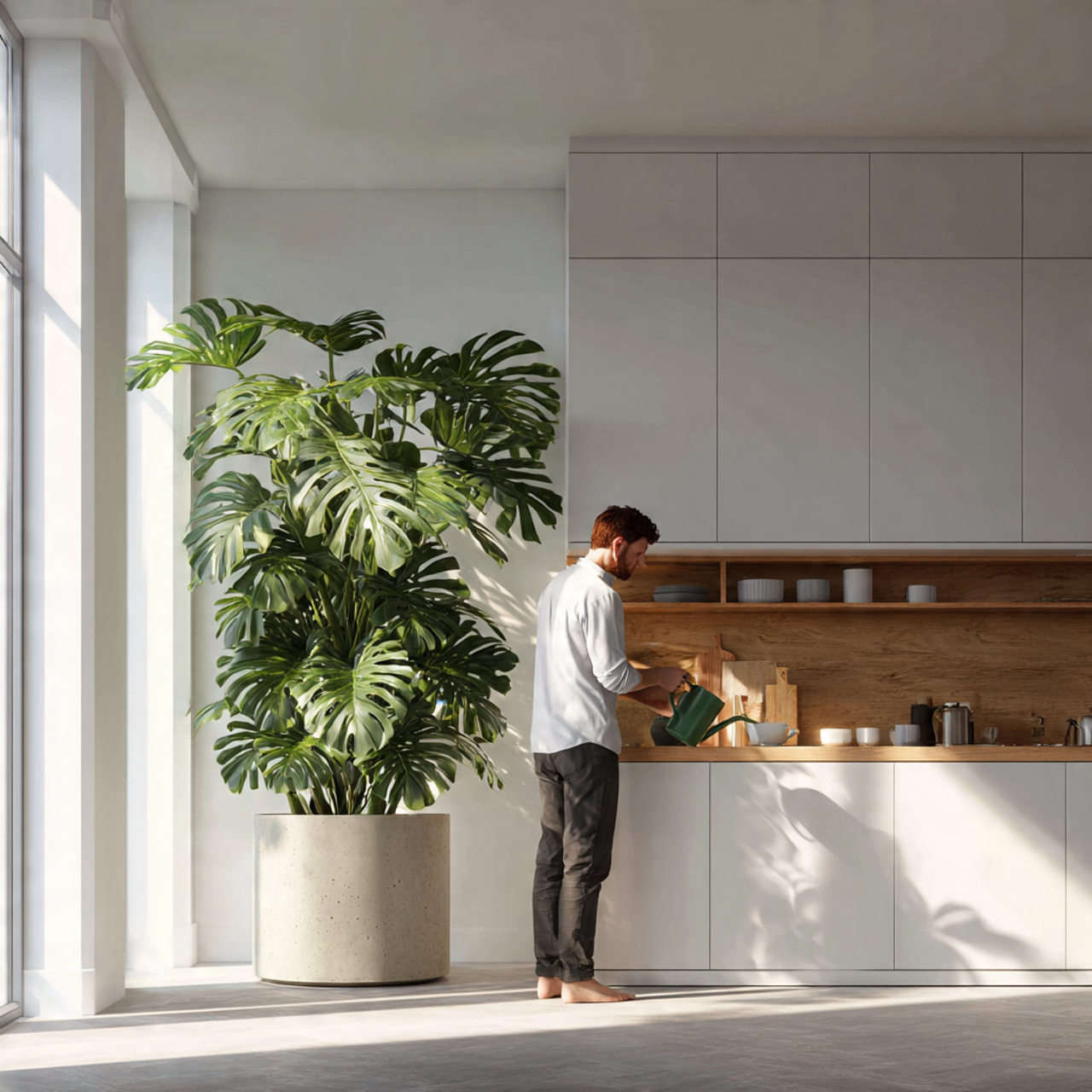 prompt modern kitchen corner featuring a tall mons