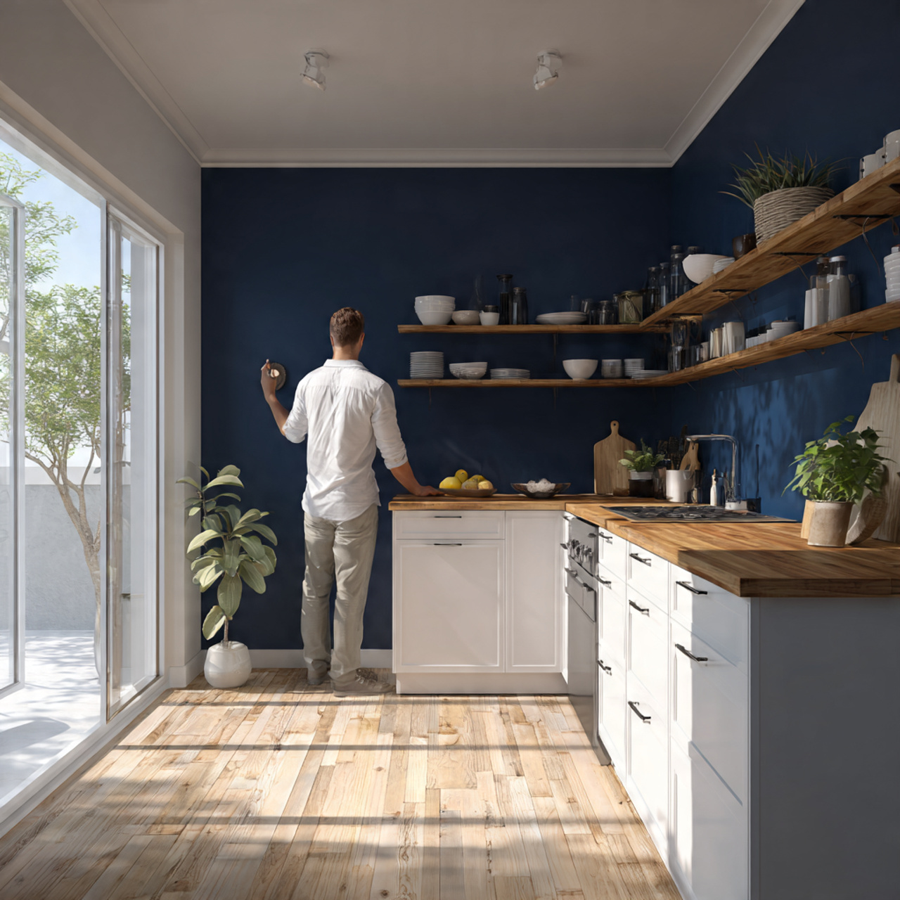 prompt modern kitchen with one deep navy accent wa