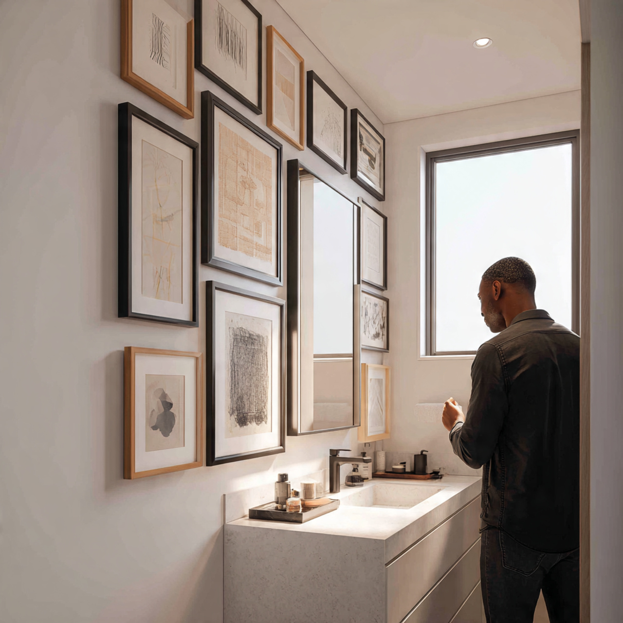 prompt small bathroom decorated with a gallery wal