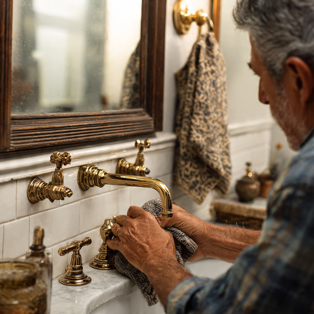 prompt small bathroom featuring antique brass fauc