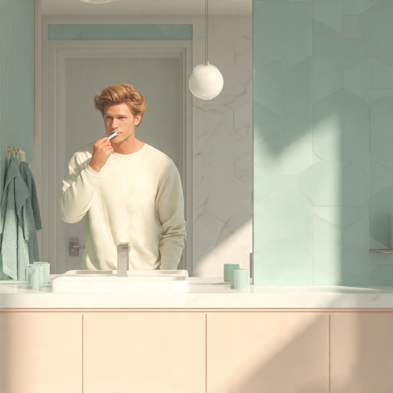 prompt small bathroom painted in soft pastel shade