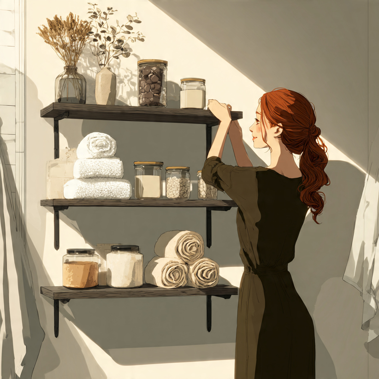 prompt small bathroom with sleek open shelving hol