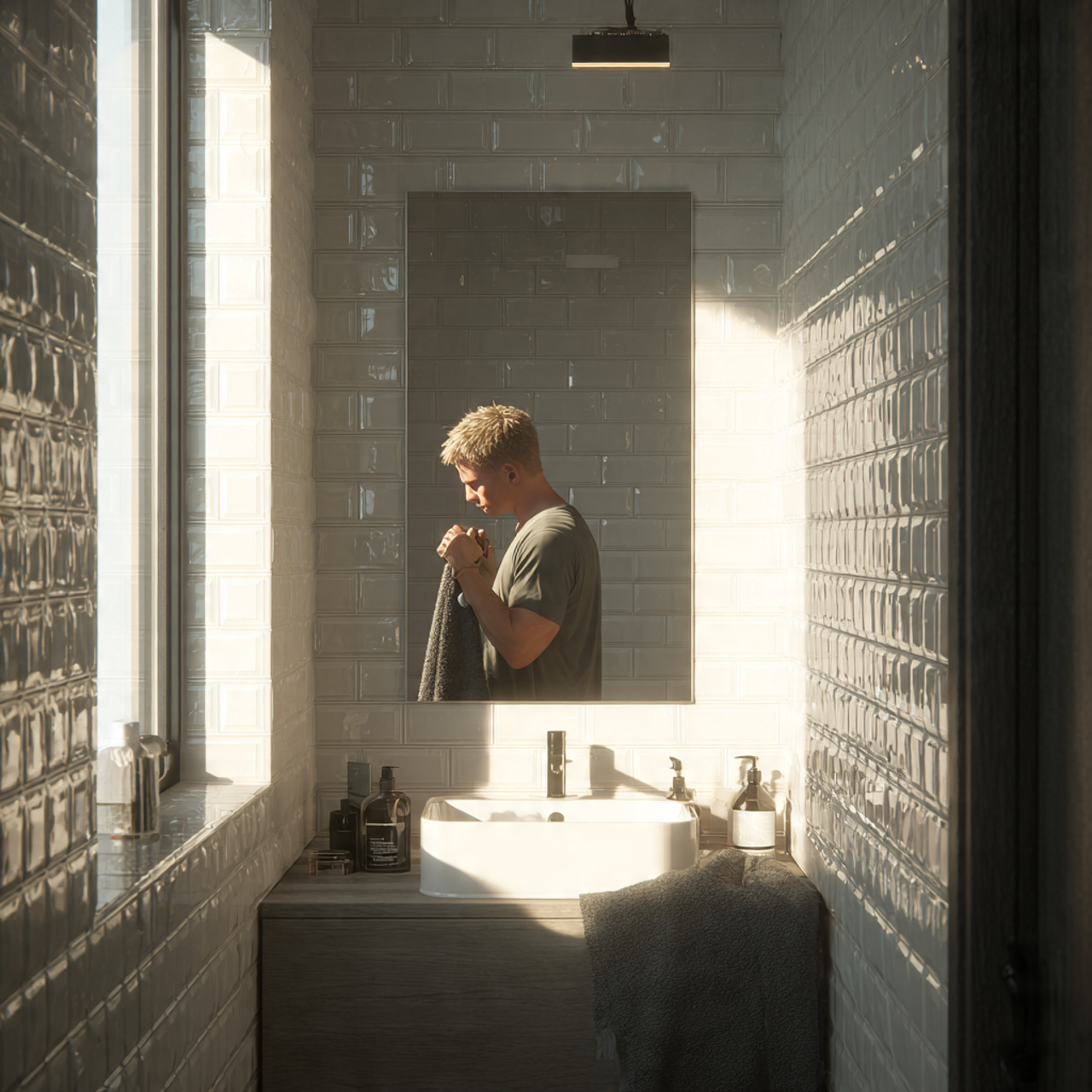 prompt small bathroom with textured subway tiles o