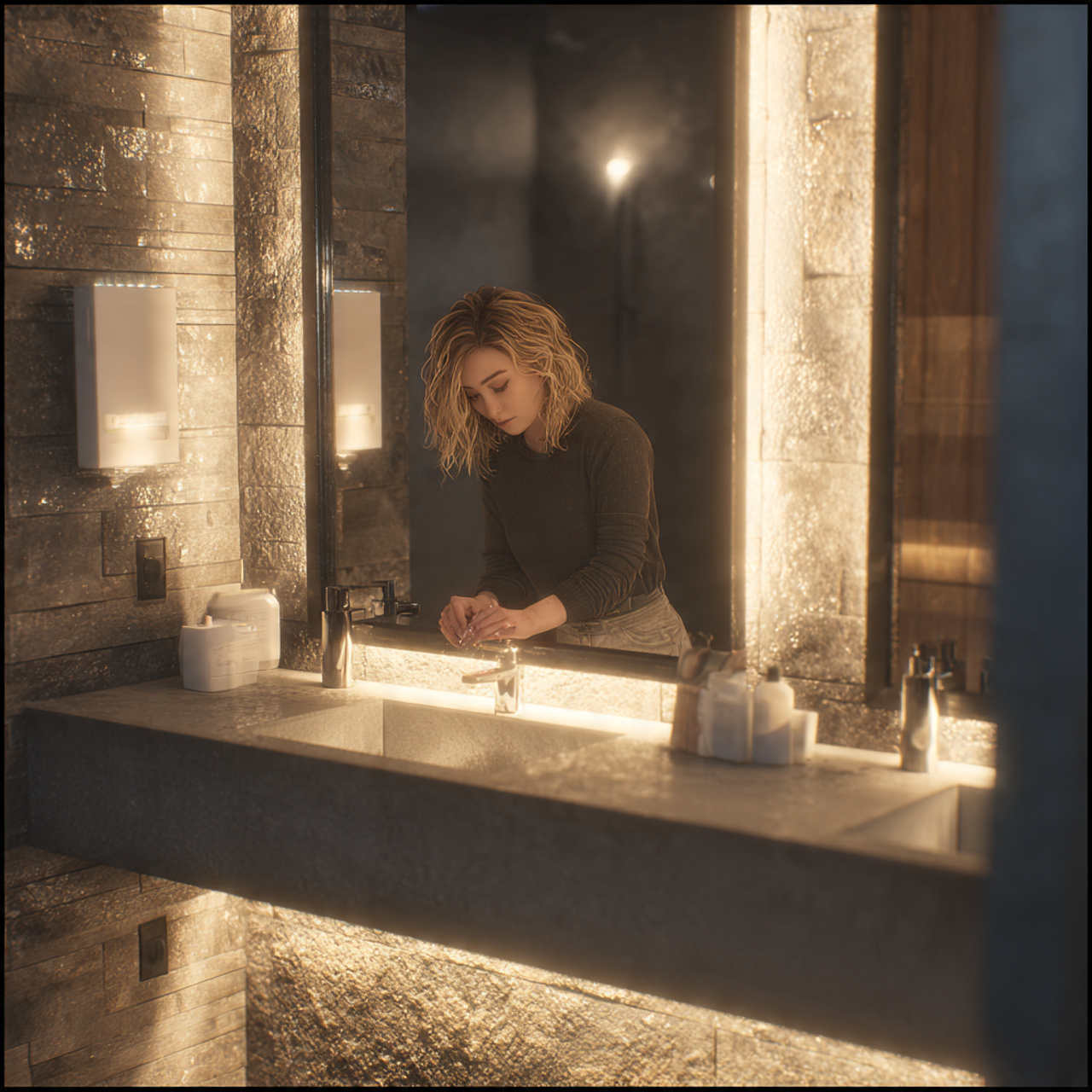 prompt small modern bathroom with subtle integrate