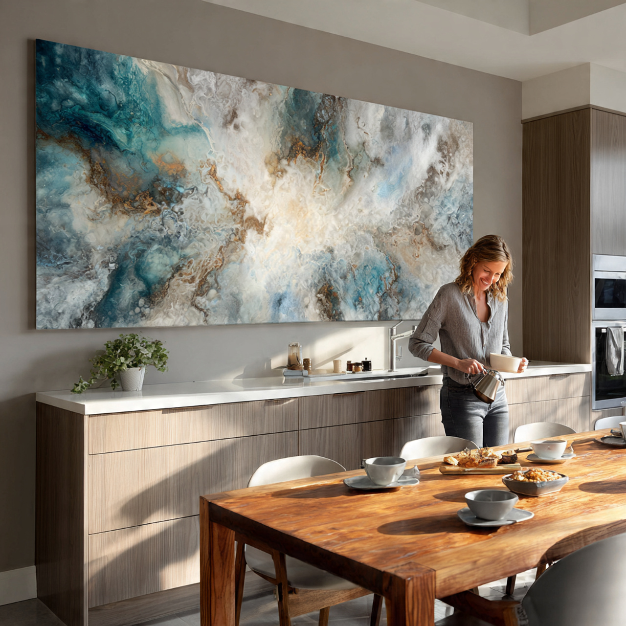 prompt spacious kitchen with a large abstract pain