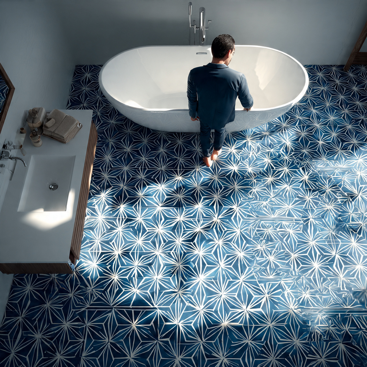 prompt stylish bathroom with midnight blue pattern