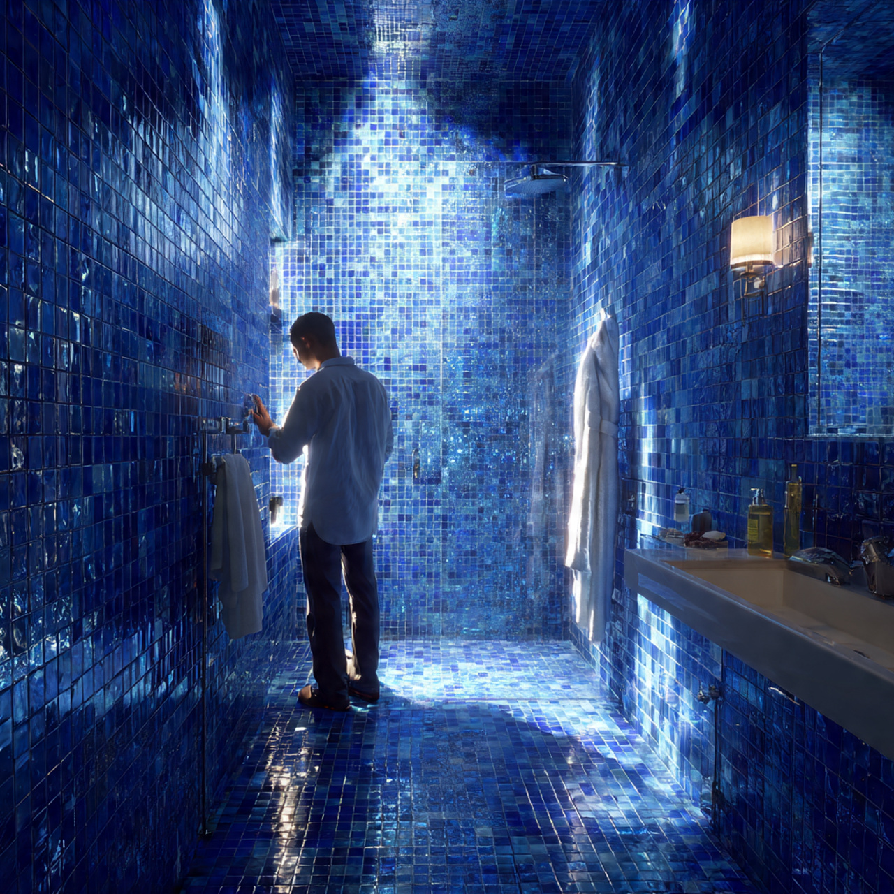 prompt ultra realistic bathroom with royal blue gl