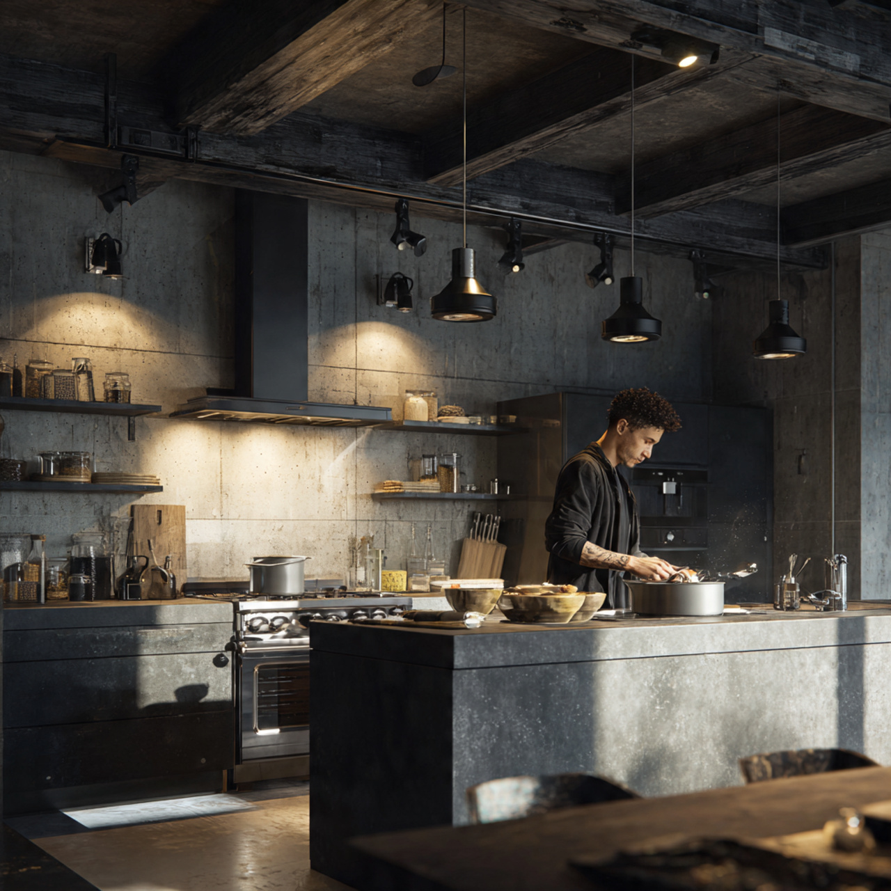 prompt urban loft style kitchen with exposed metal