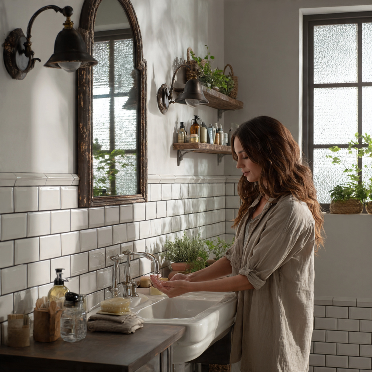 realistic bathroom scene with white subway tiles a