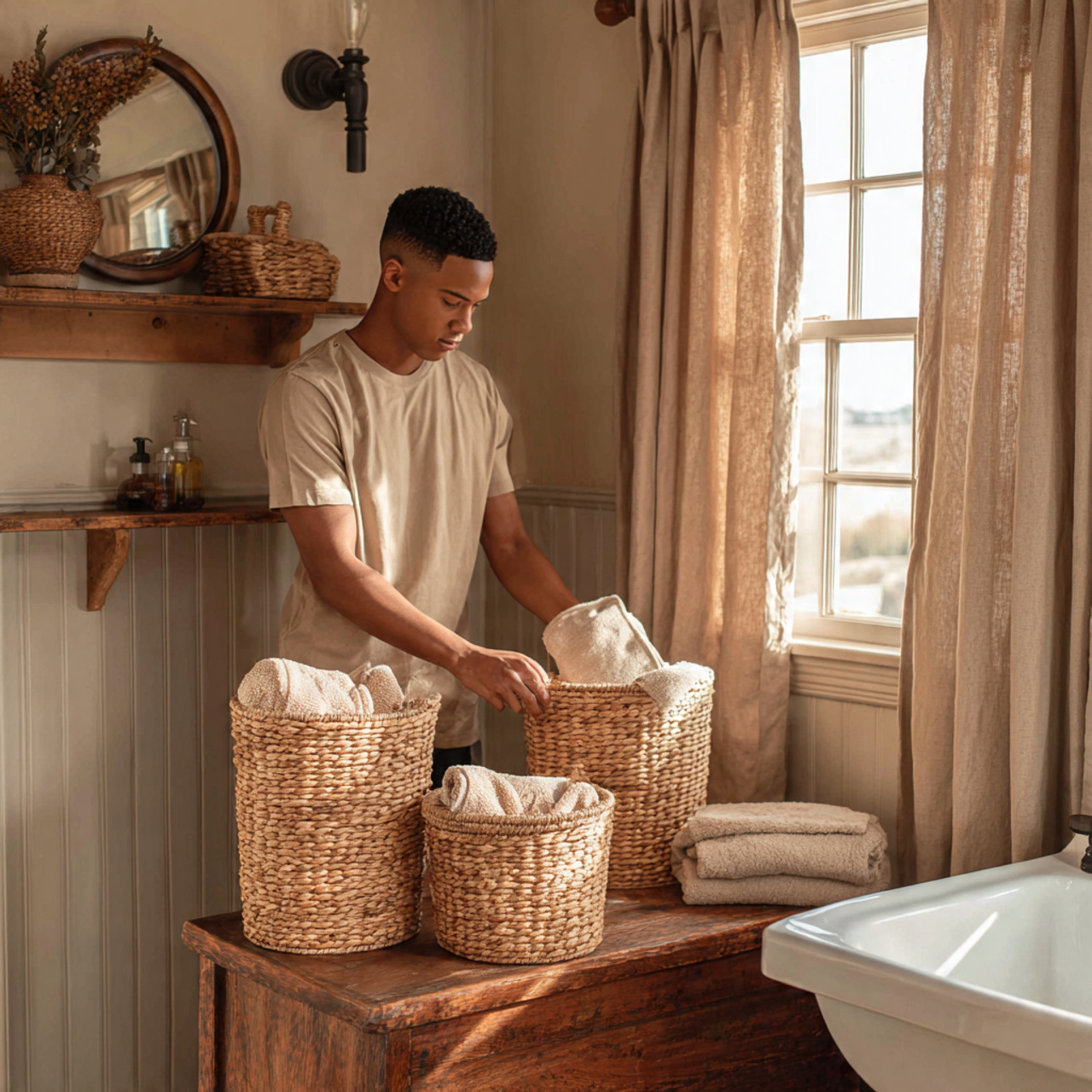 realistic bathroom scene with woven wicker laundry