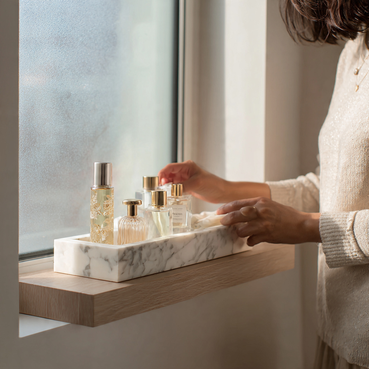 realistic bathroom shelf decor featuring a sculptu