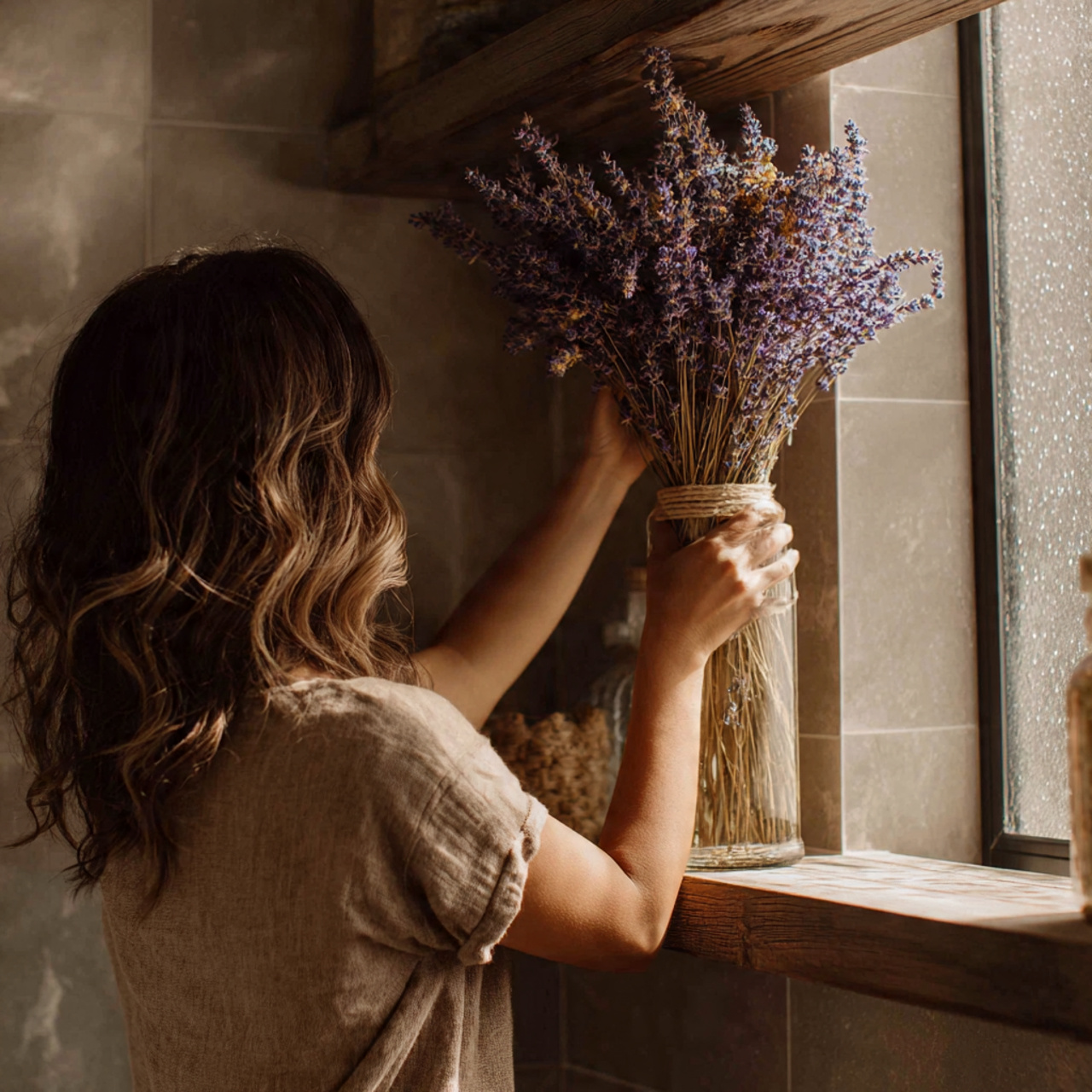 realistic bathroom shelf decor featuring dried lav