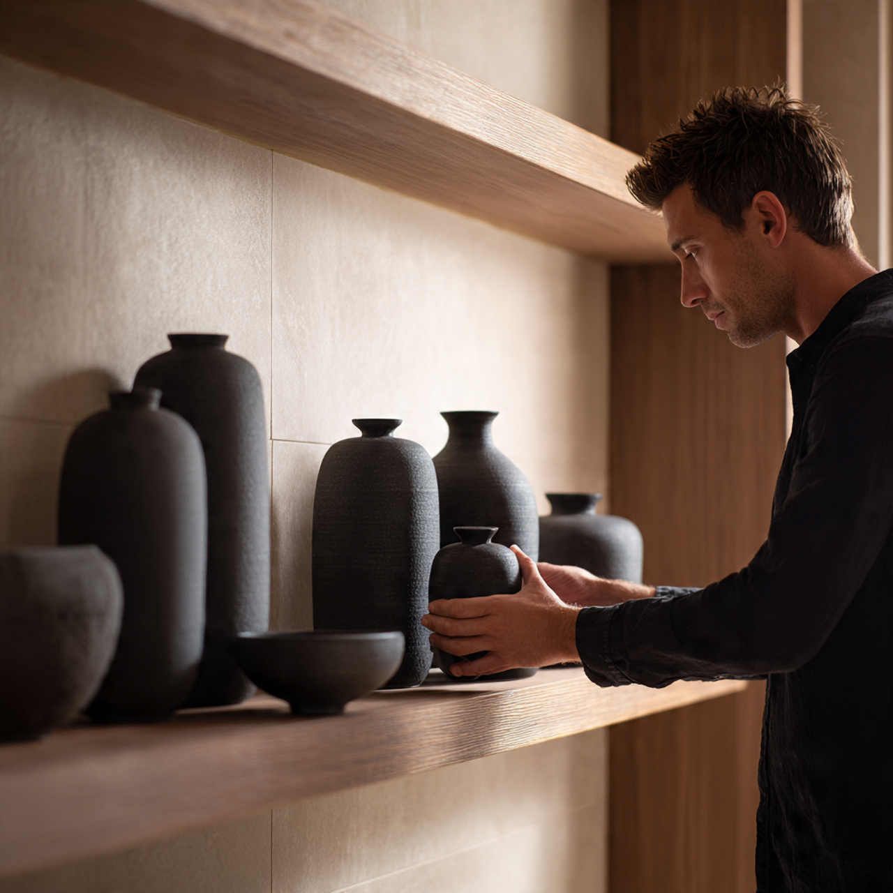 realistic bathroom shelf decor featuring matte bla