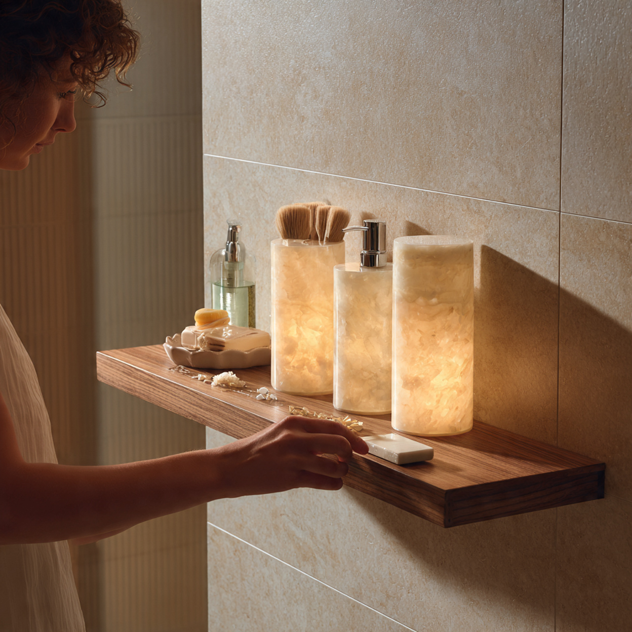 realistic bathroom shelf decor featuring milky whi