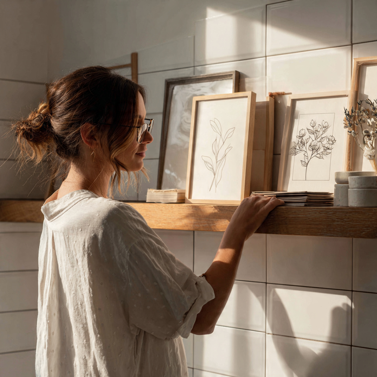 realistic bathroom shelf decor featuring minimalis