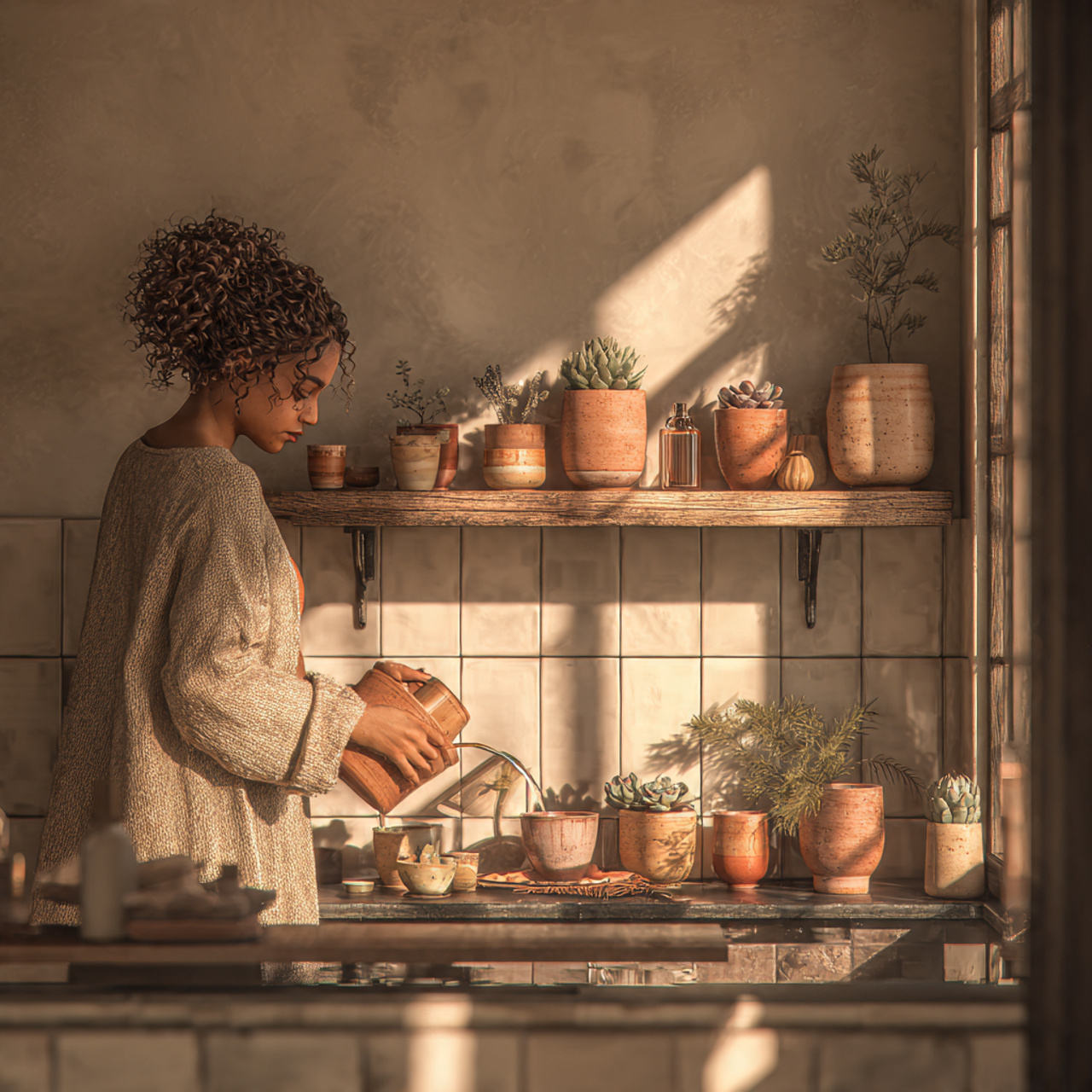 realistic bathroom shelf decor featuring warm terr