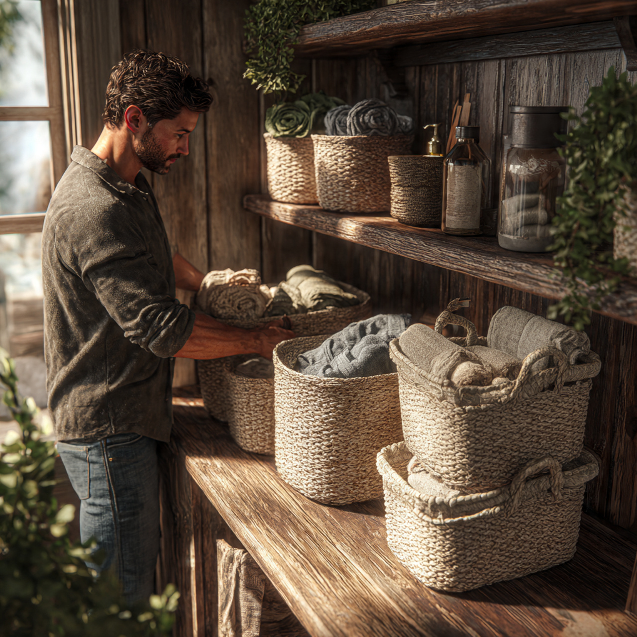 realistic bathroom shelf decor featuring woven sea