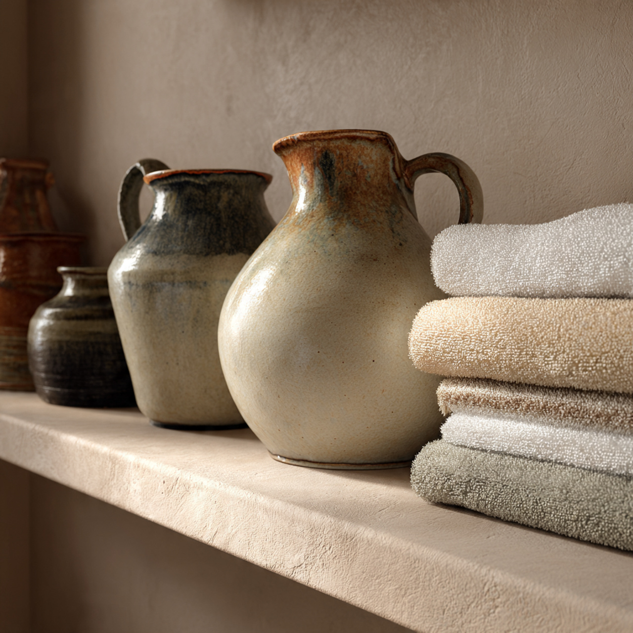 realistic bathroom shelf decor showcasing handcraf