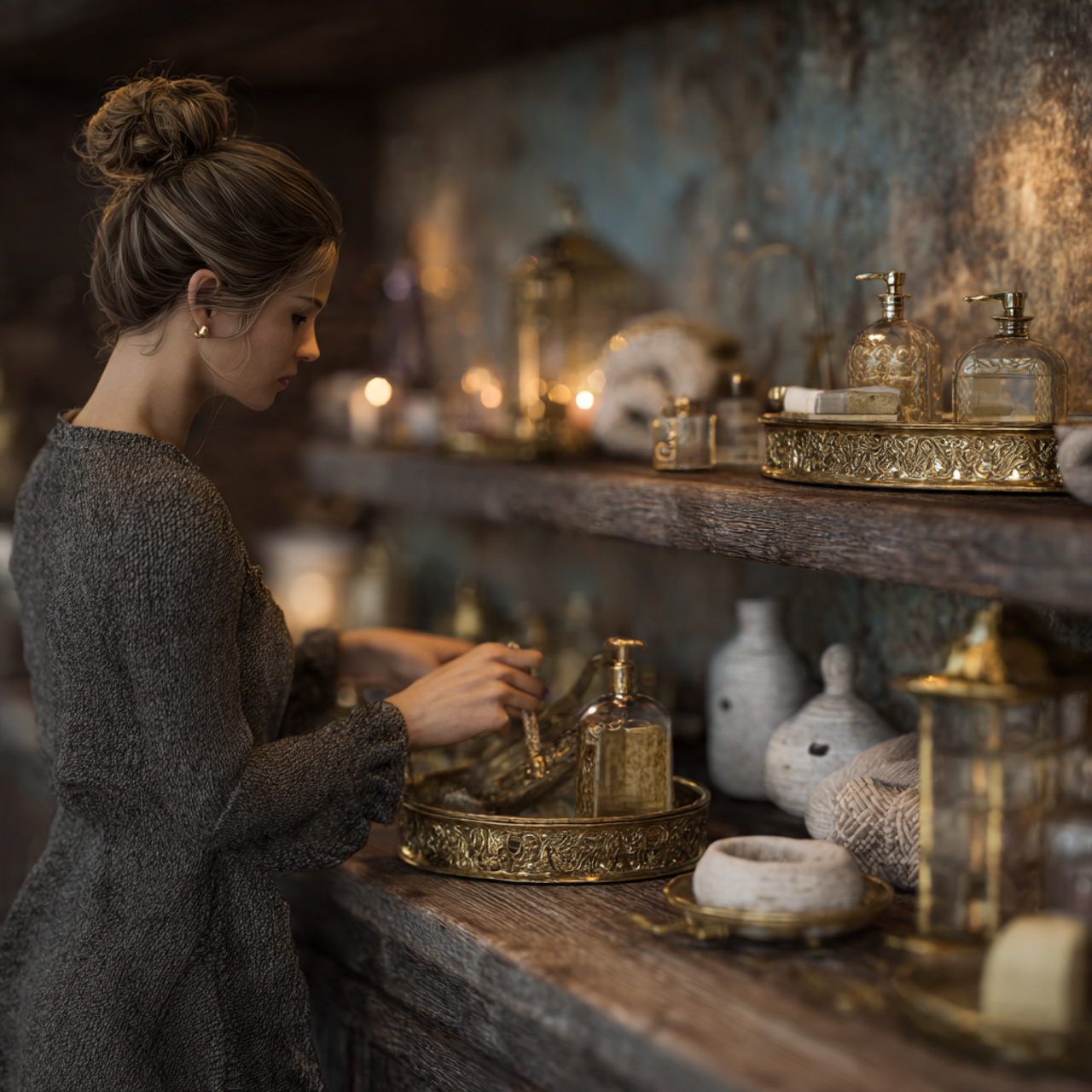 realistic bathroom shelf decor showcasing vintage