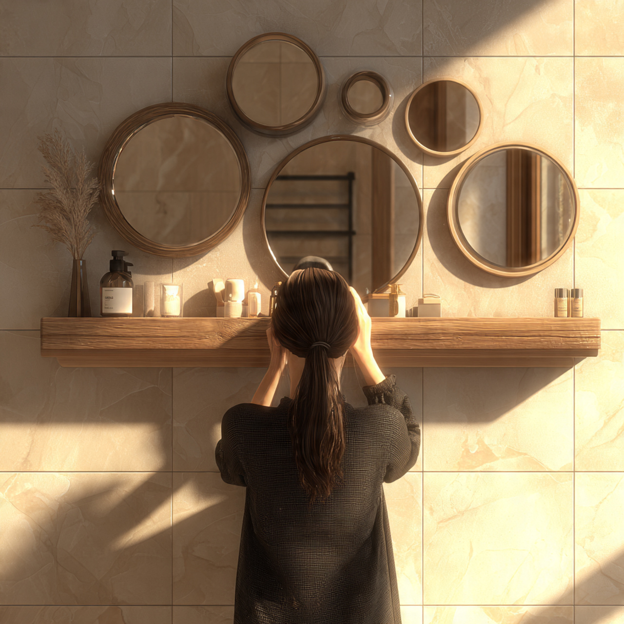 realistic bathroom shelf decor showing layered lea