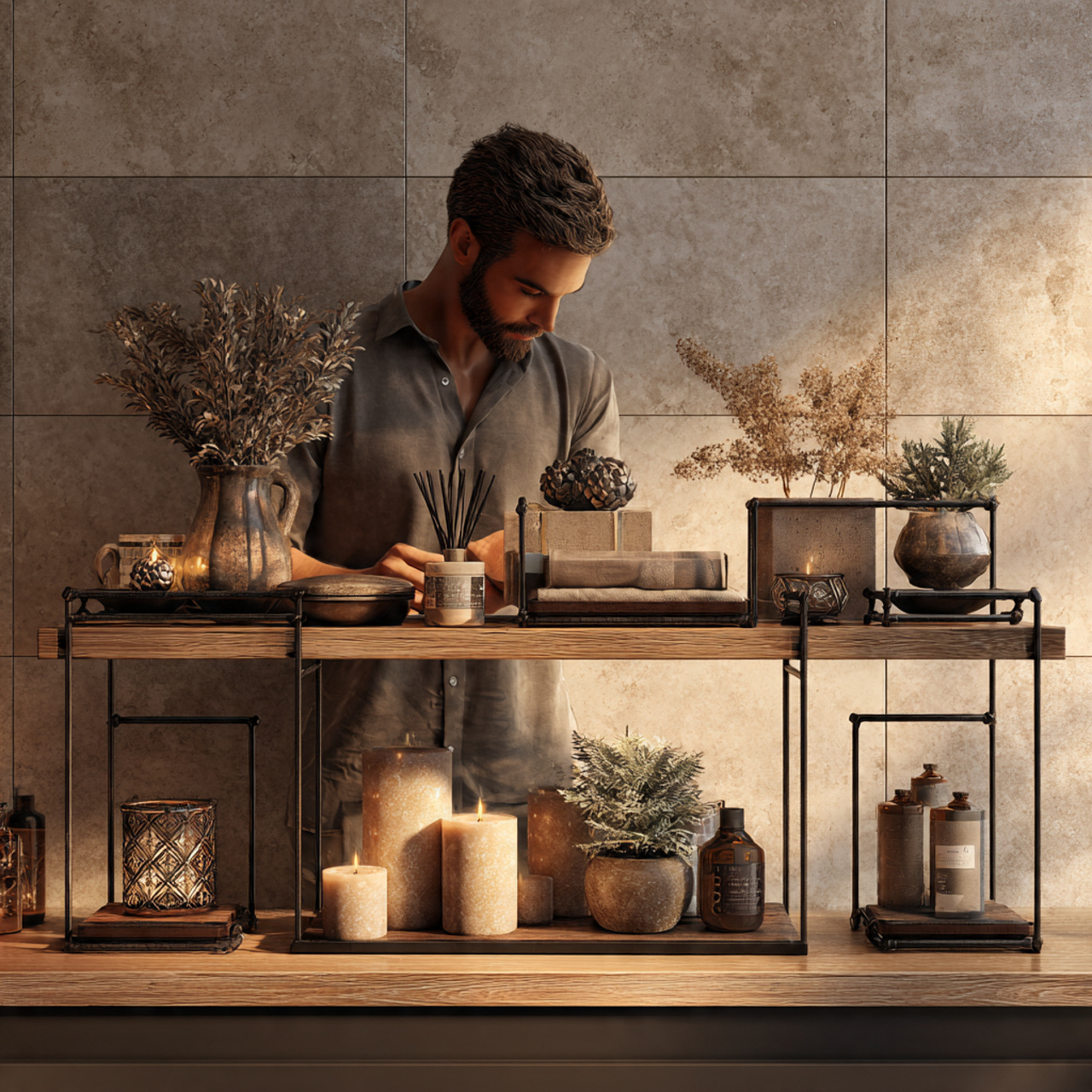 realistic bathroom shelf decor showing wrought iro