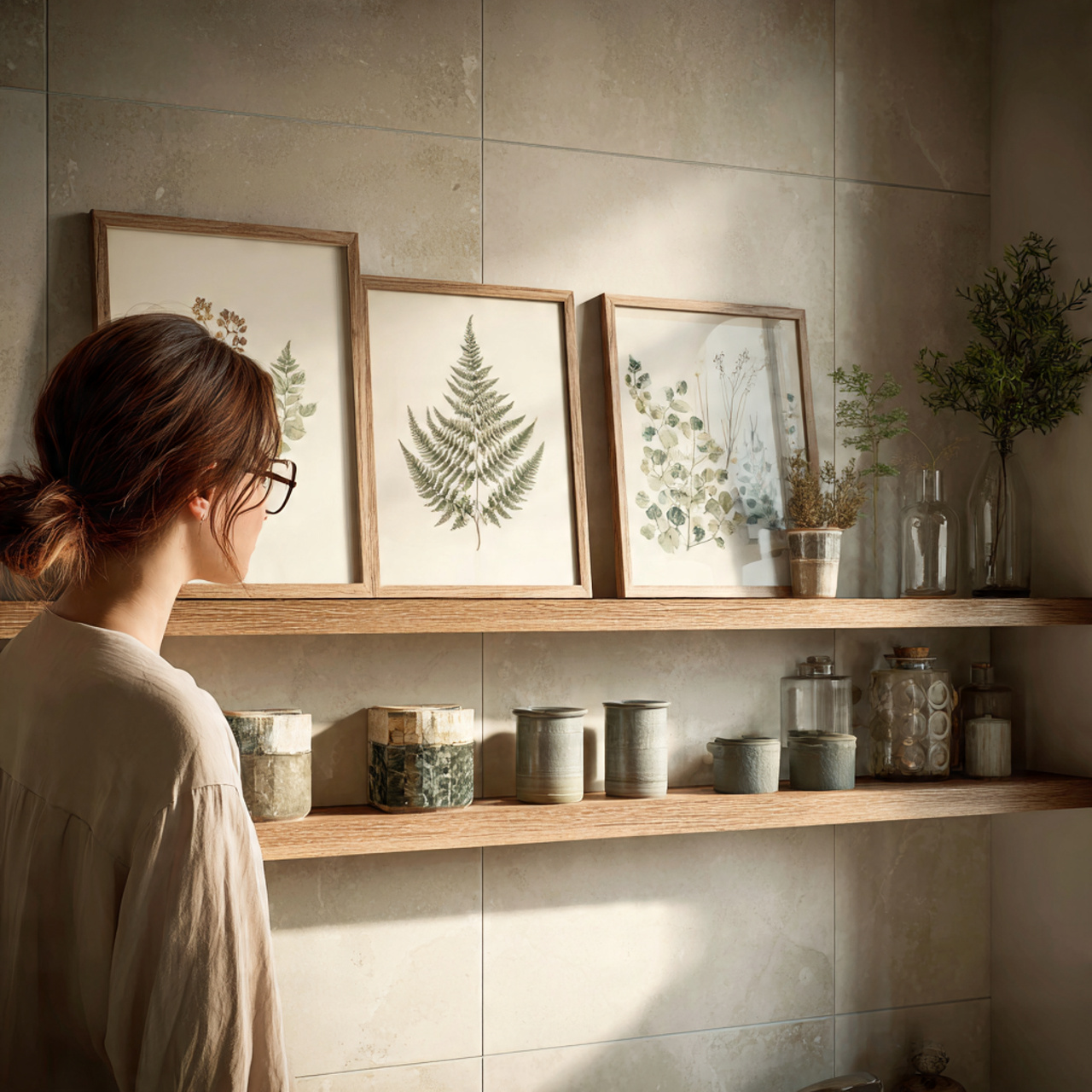 realistic bathroom shelf decor with framed botanic