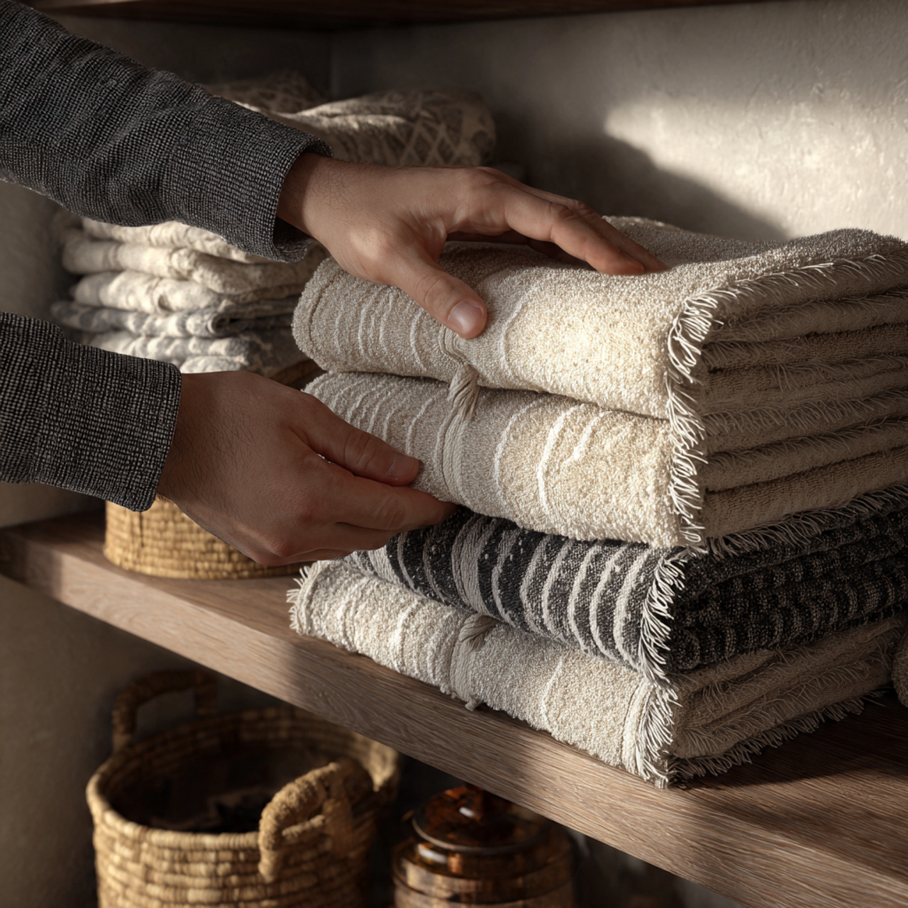 realistic bathroom shelf decor with neatly stacked