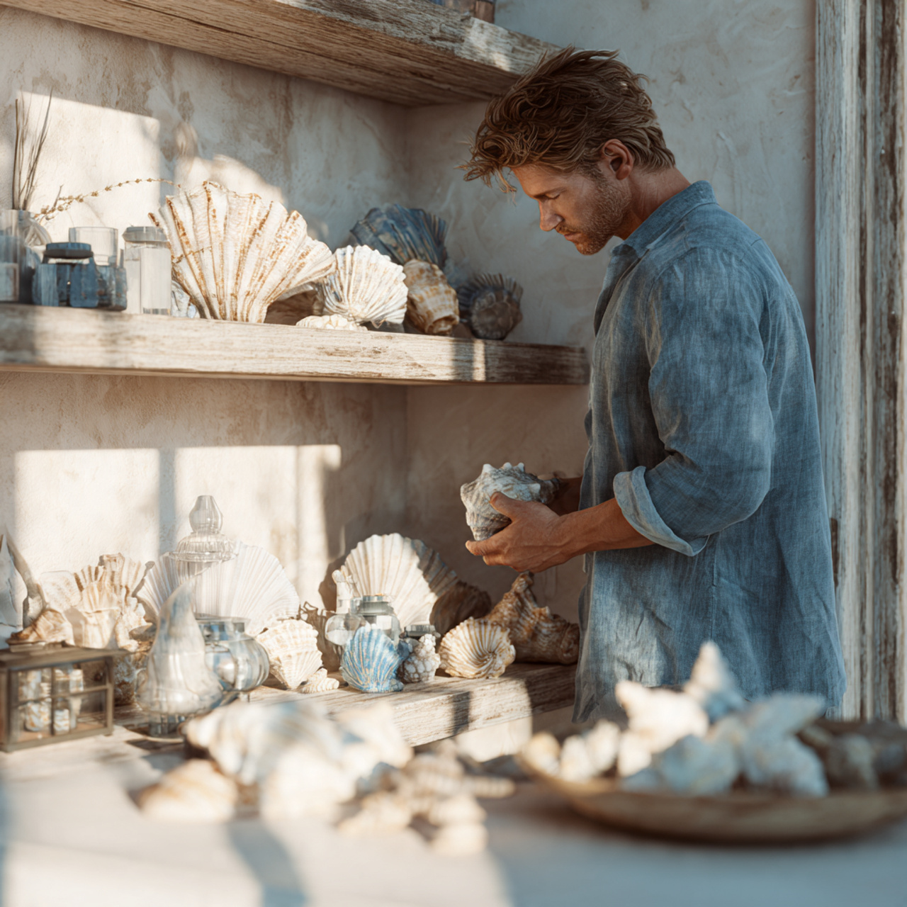 realistic bathroom shelf decor with oversized coas