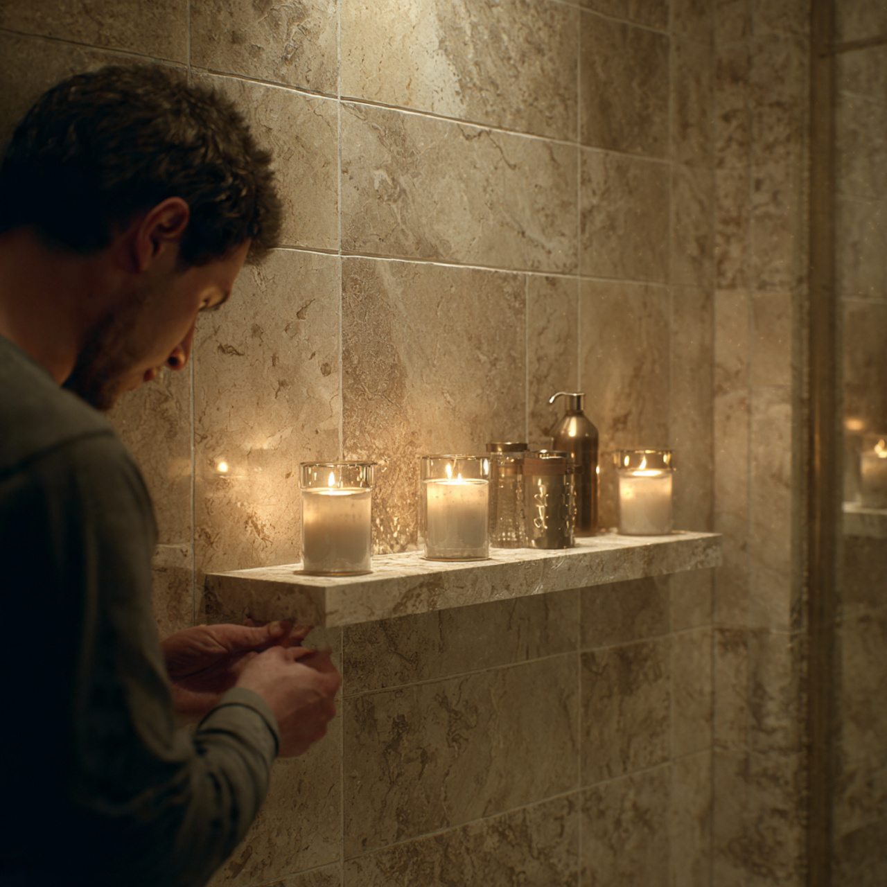 realistic bathroom shelf decor with travertine can