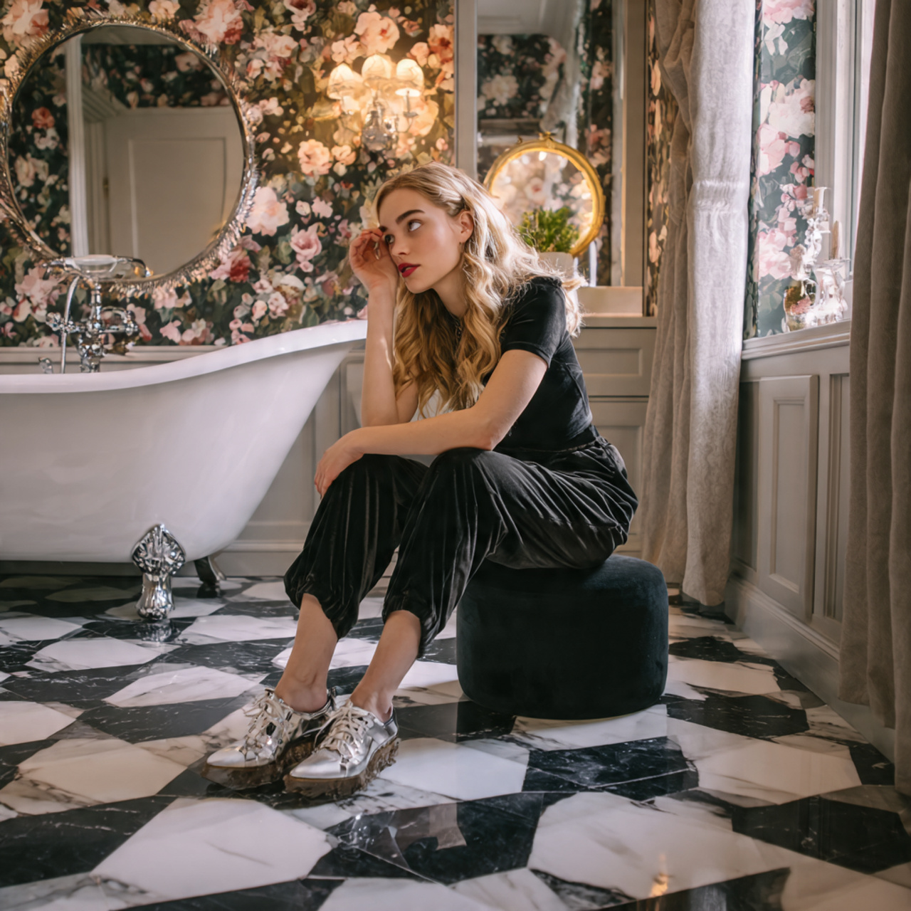 realistic image of a bathroom floor with diagonal