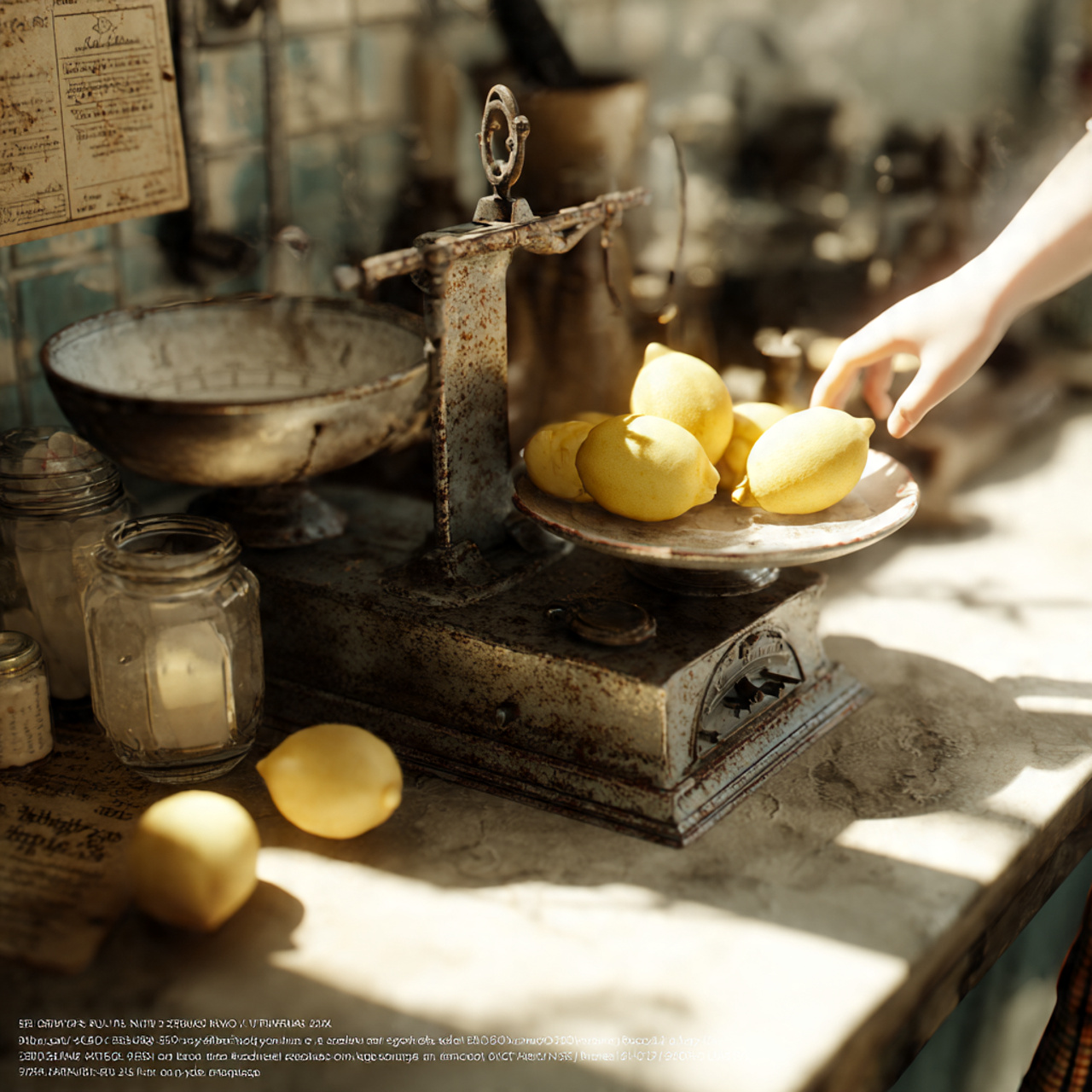 realistic kitchen counter featuring an antique sca