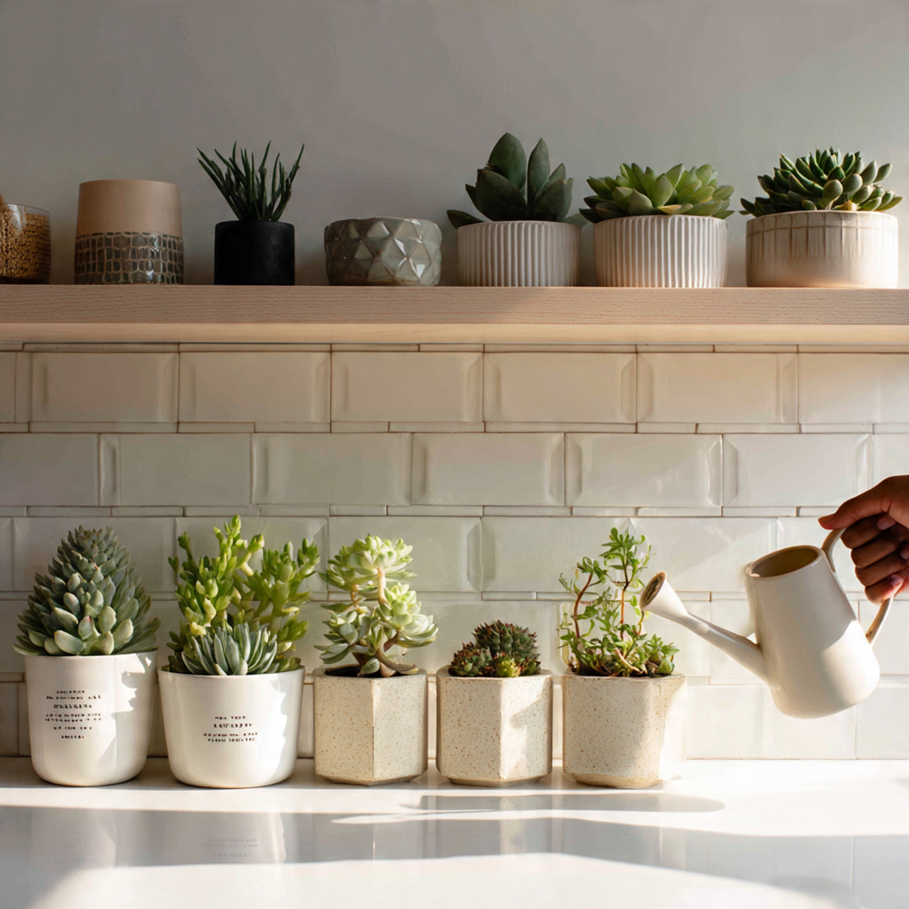 realistic kitchen counter lined with small potted