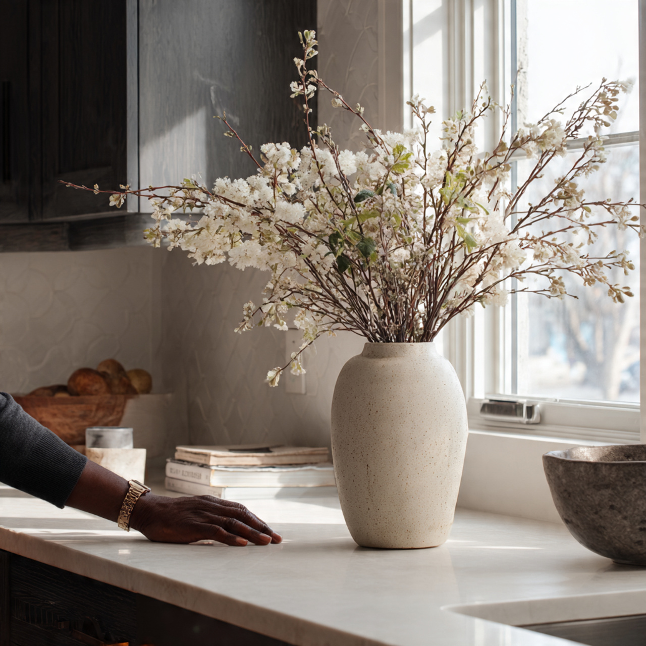 realistic kitchen counter with a tall vase filled