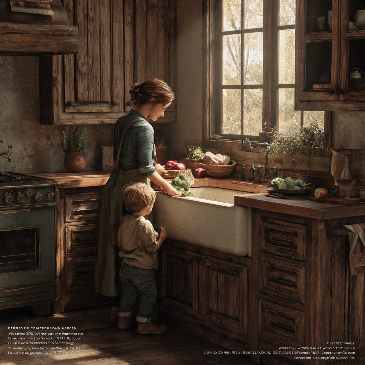 realistic kitchen featuring a large farmhouse apro