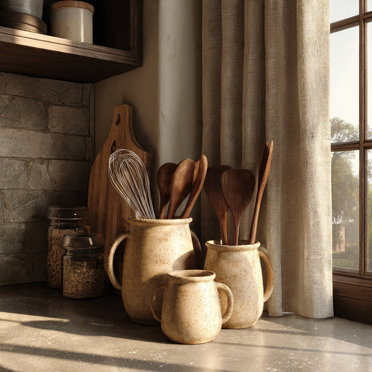 realistic kitchen interior with ceramic crocks hol