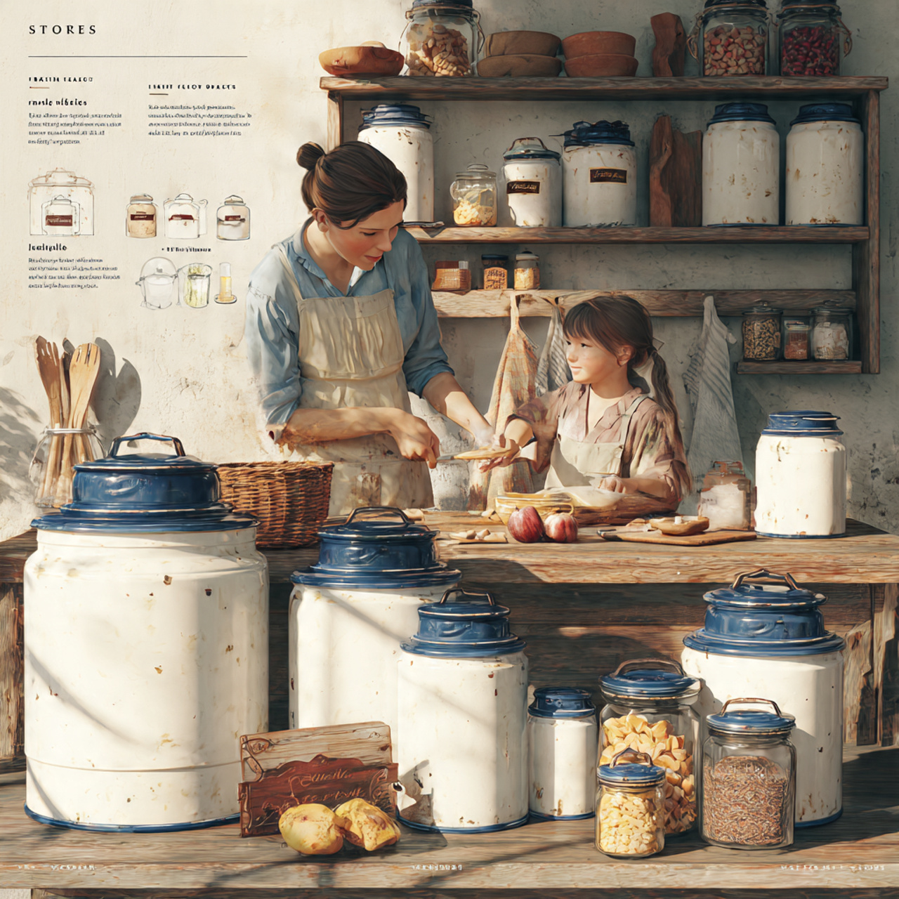realistic kitchen scene featuring enamelware stora