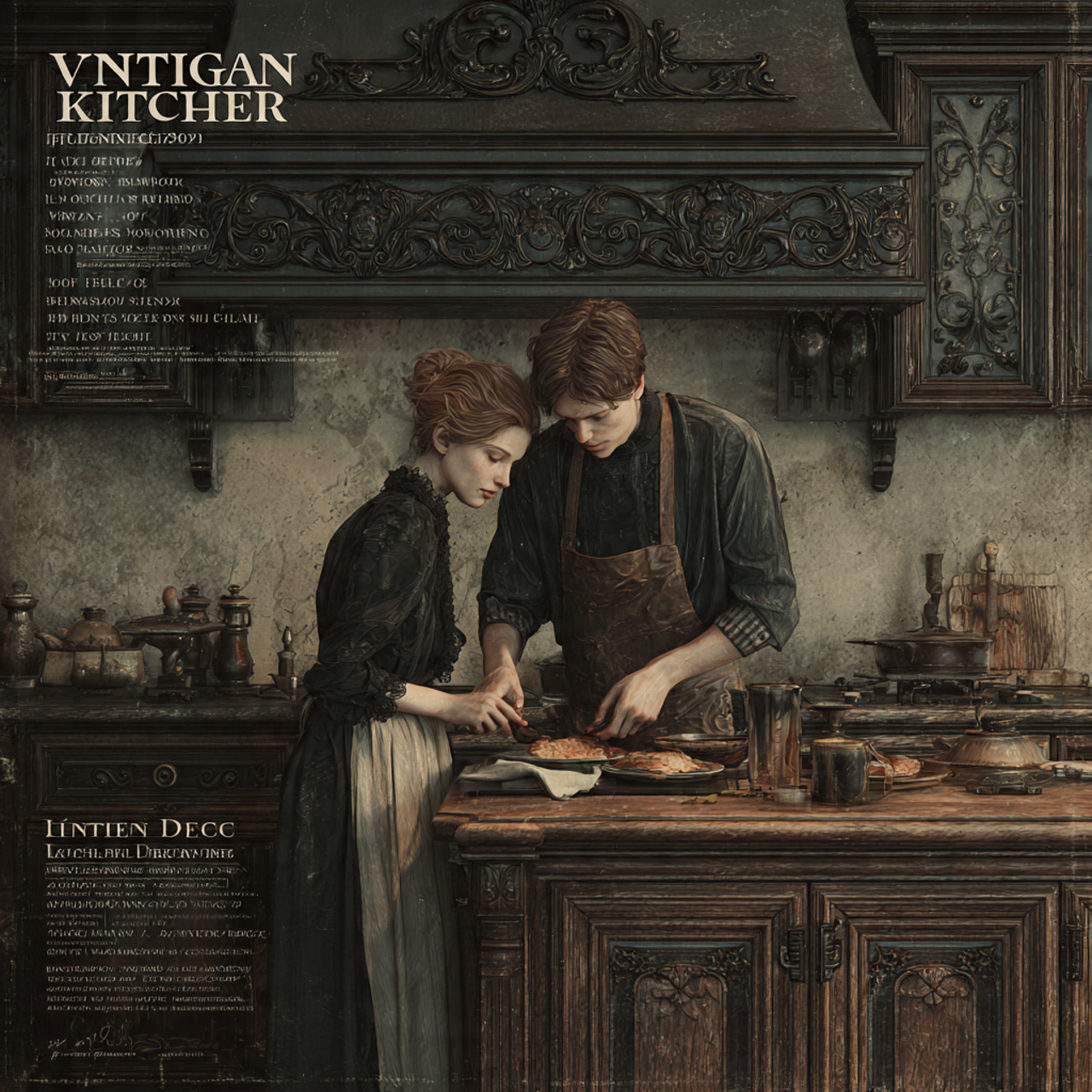 realistic kitchen scene featuring ornate cast iron