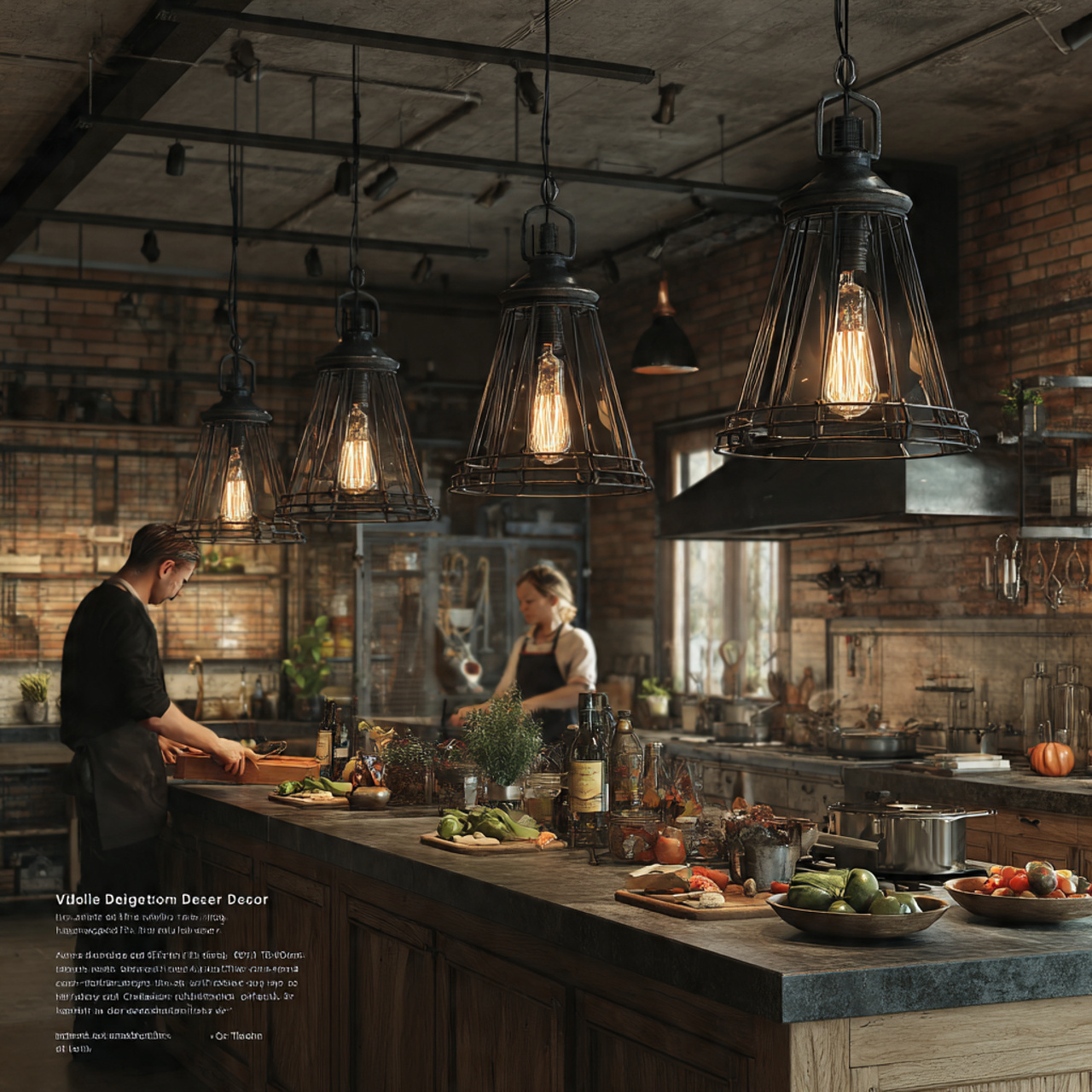 realistic kitchen scene with industrial pendant li