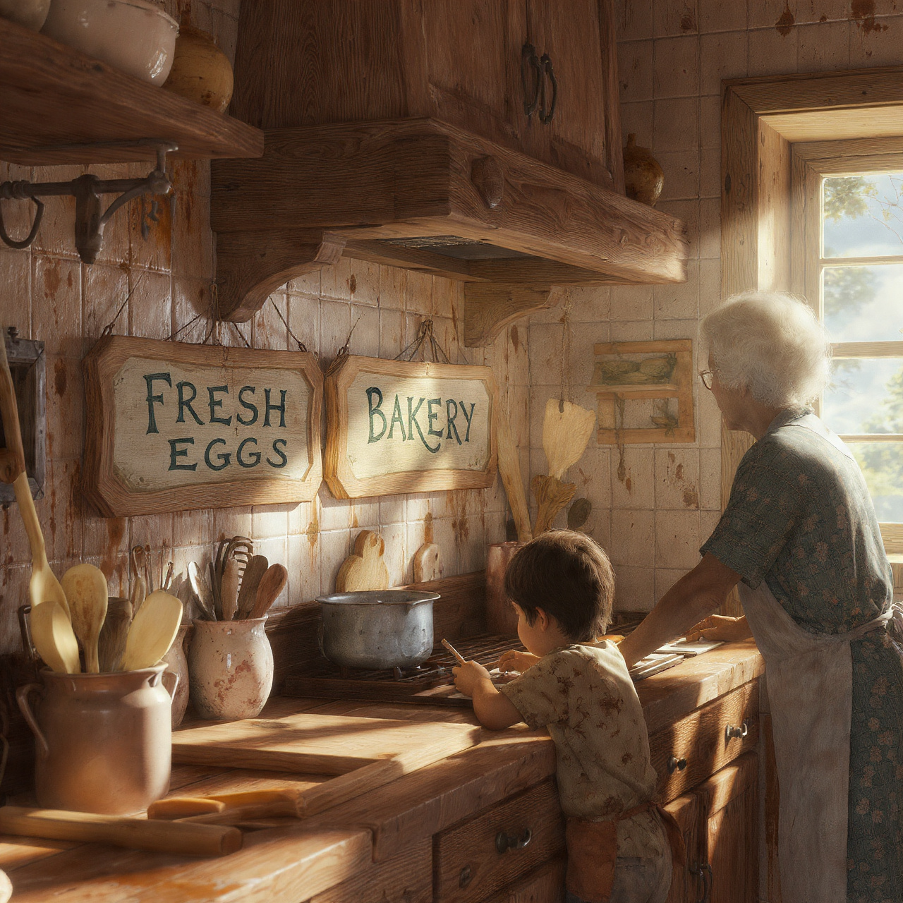realistic kitchen scene with primitive hand painte