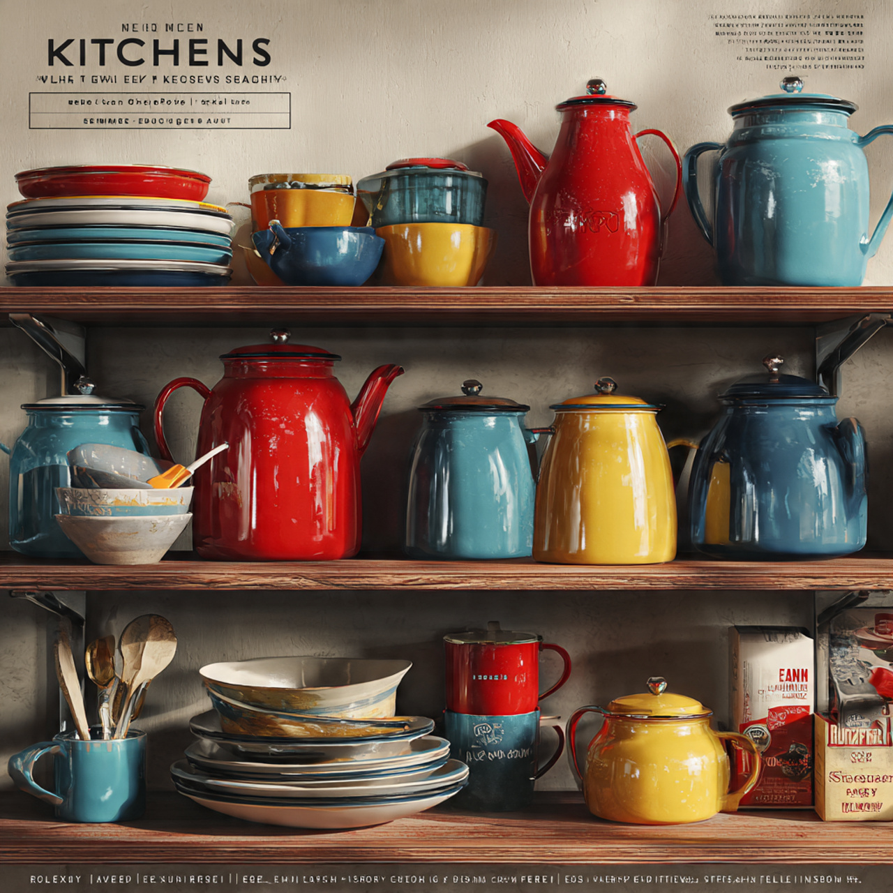 realistic kitchen shelf displaying bright enamelwa