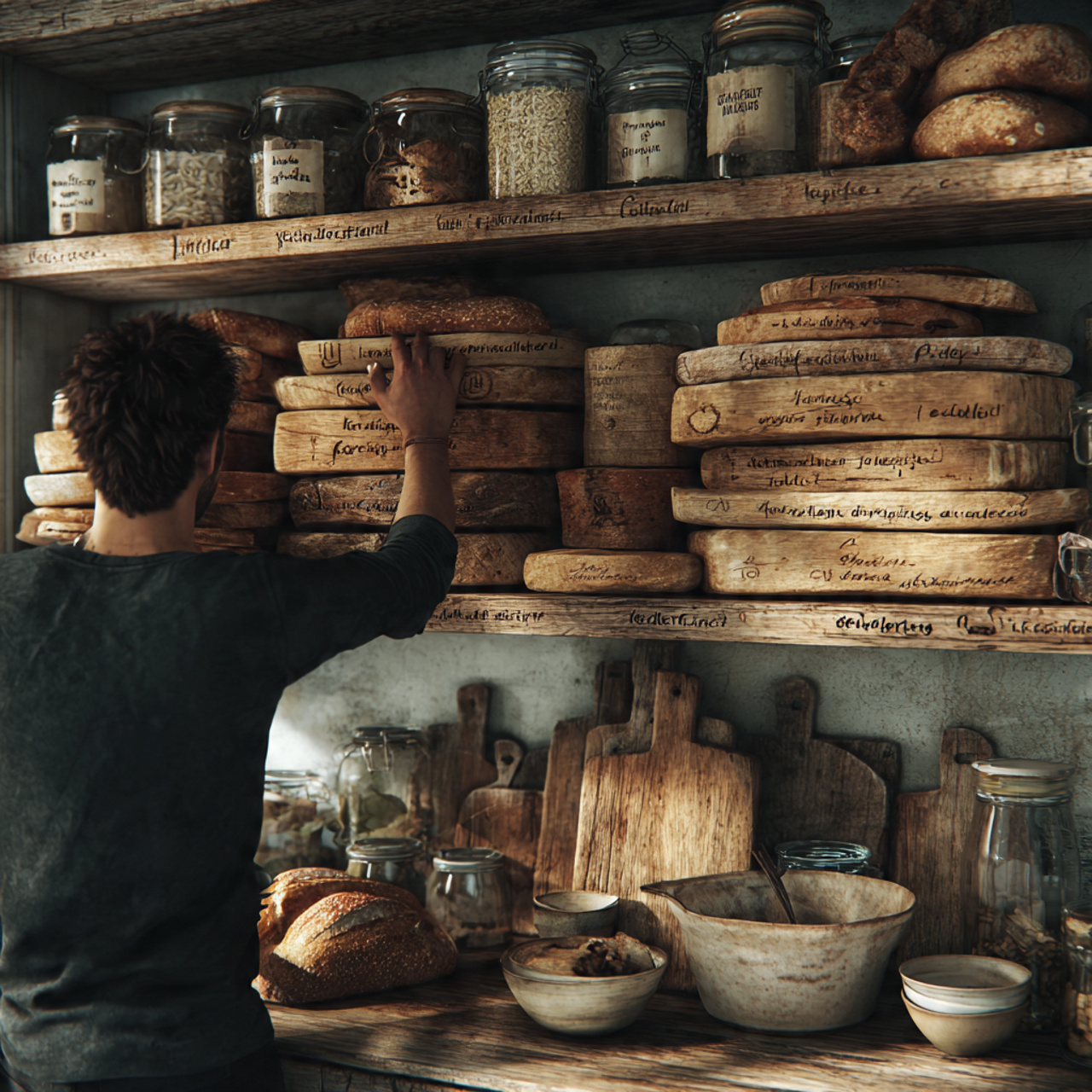 realistic kitchen shelf featuring stacked artisan