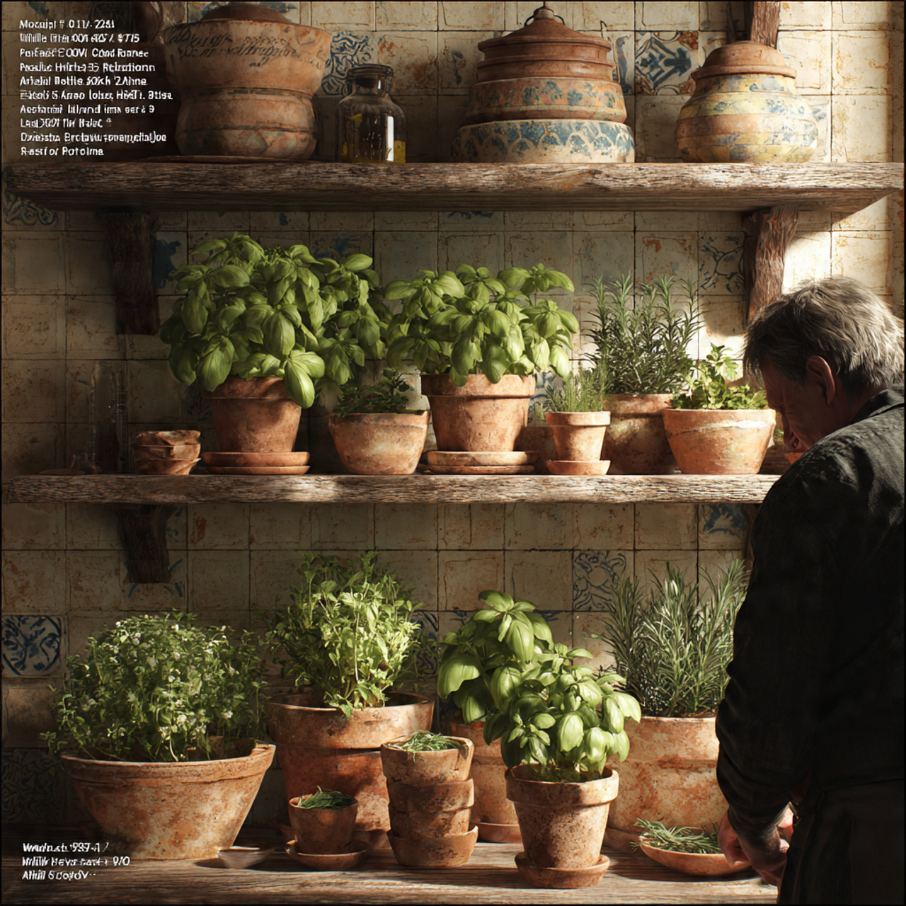 realistic kitchen shelf filled with small terracot