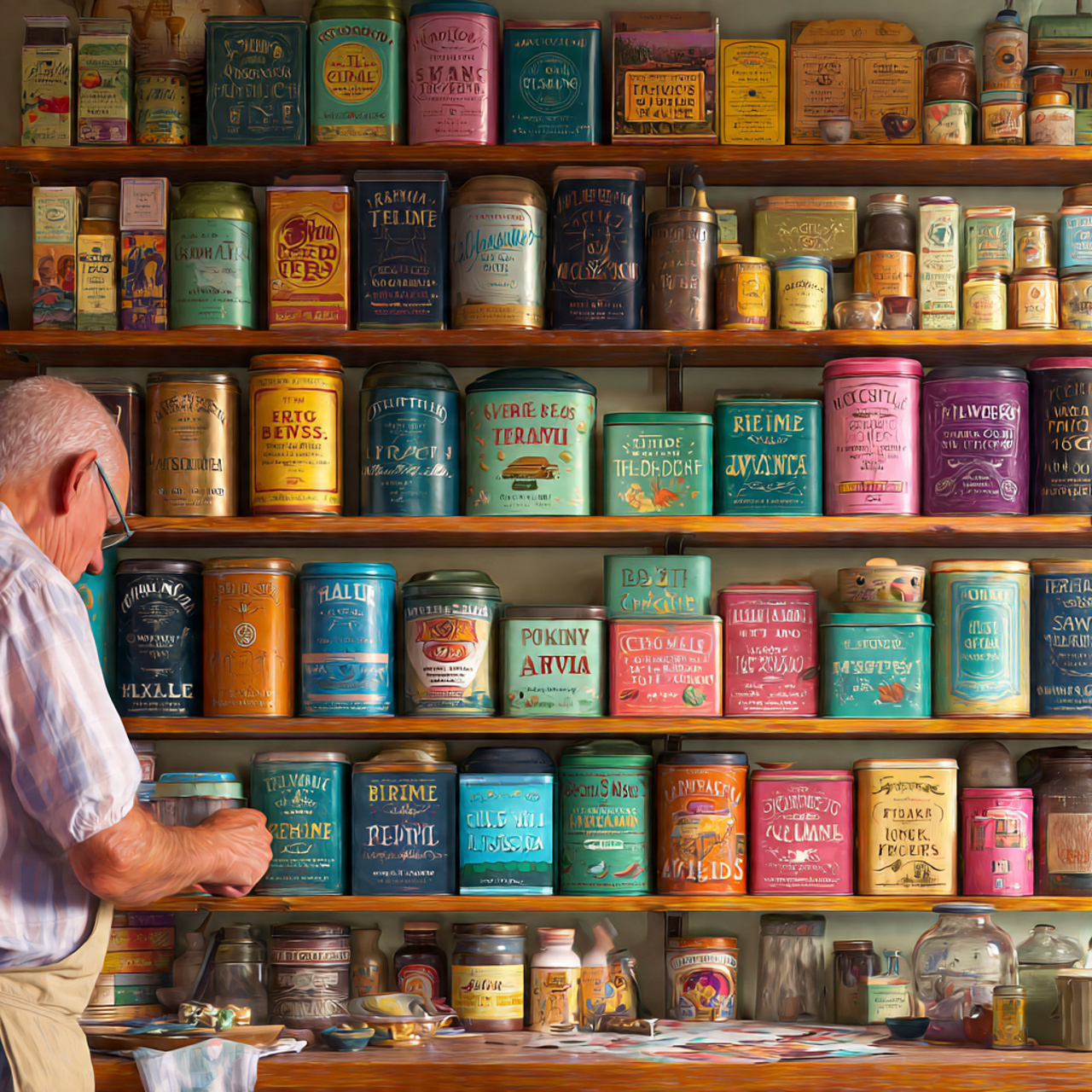 realistic kitchen shelf lined with whimsical tea t