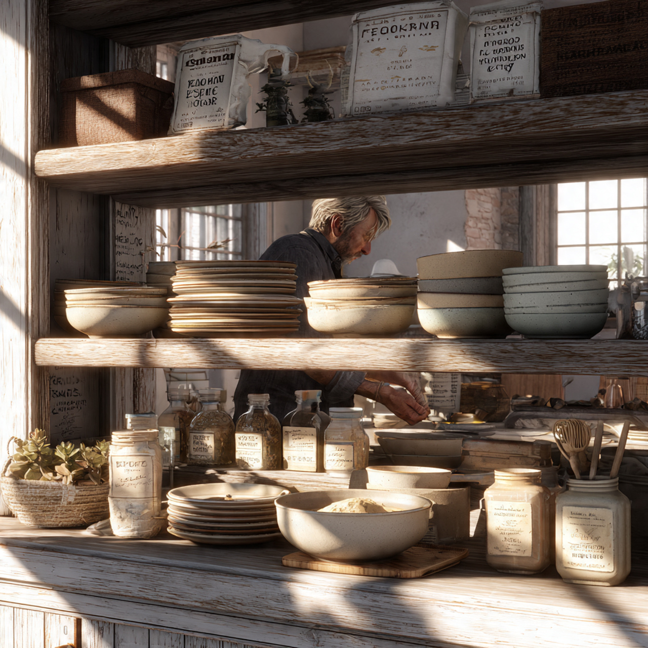 realistic kitchen shelf stacked with neutral stone