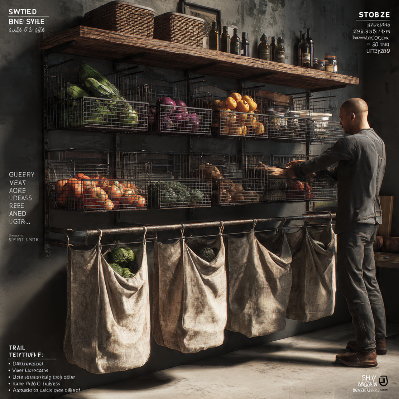 realistic kitchen shelf with industrial wire bins