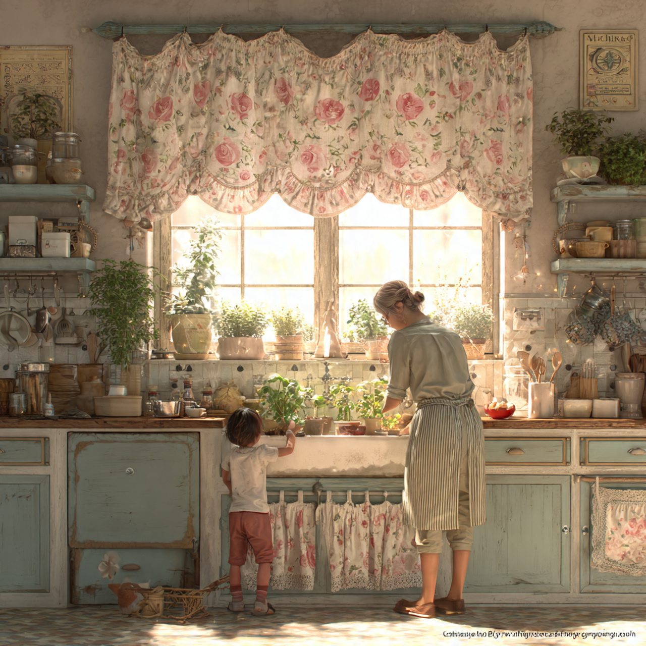 realistic kitchen with floral patterned window val