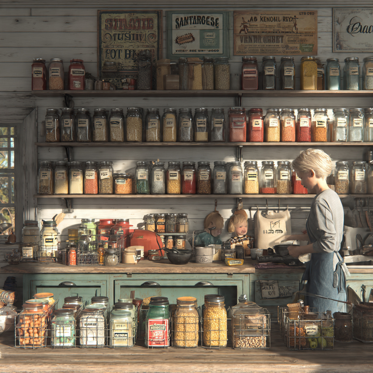 realistic kitchen with organized mason jar systems