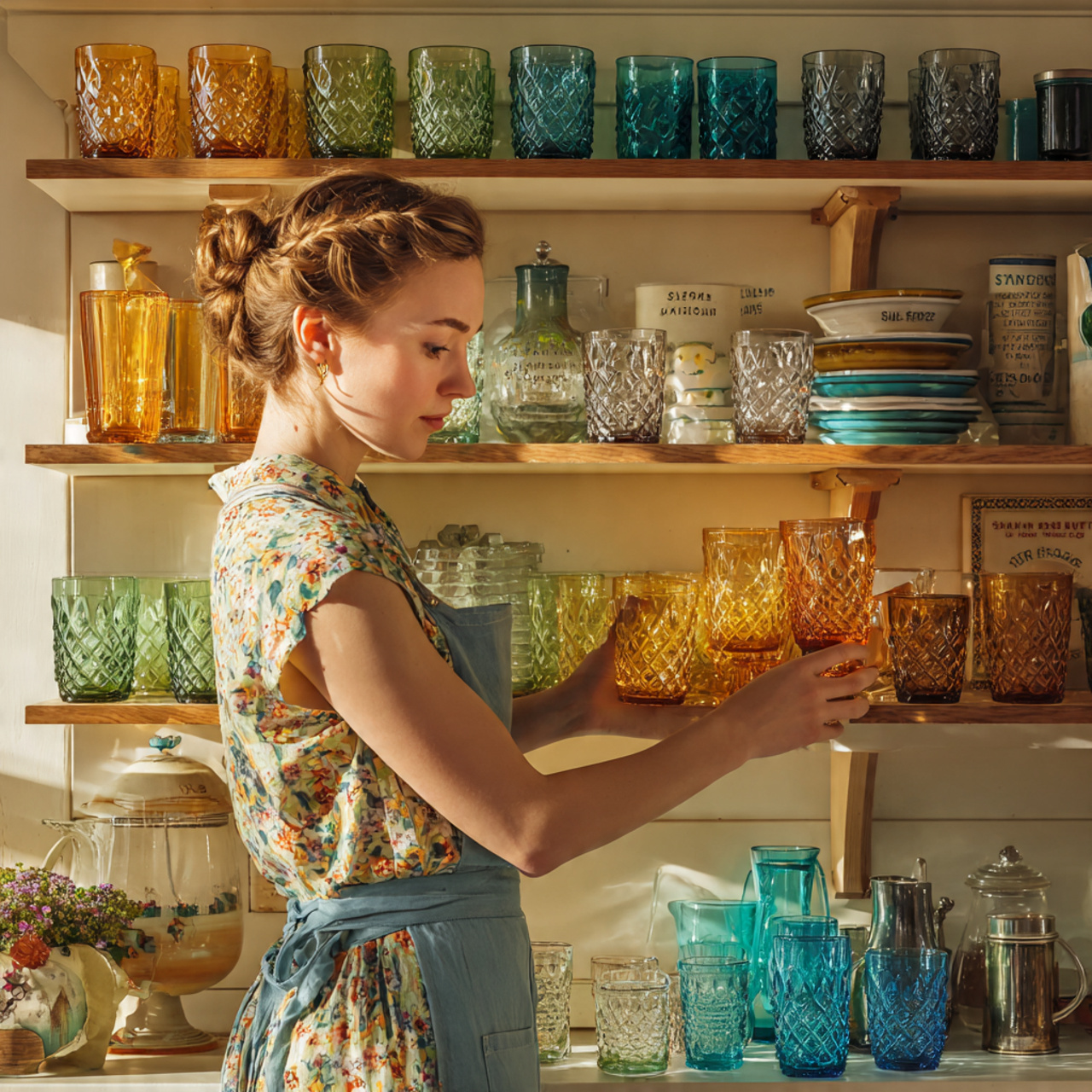 retro mid century kitchen displaying colorful glas