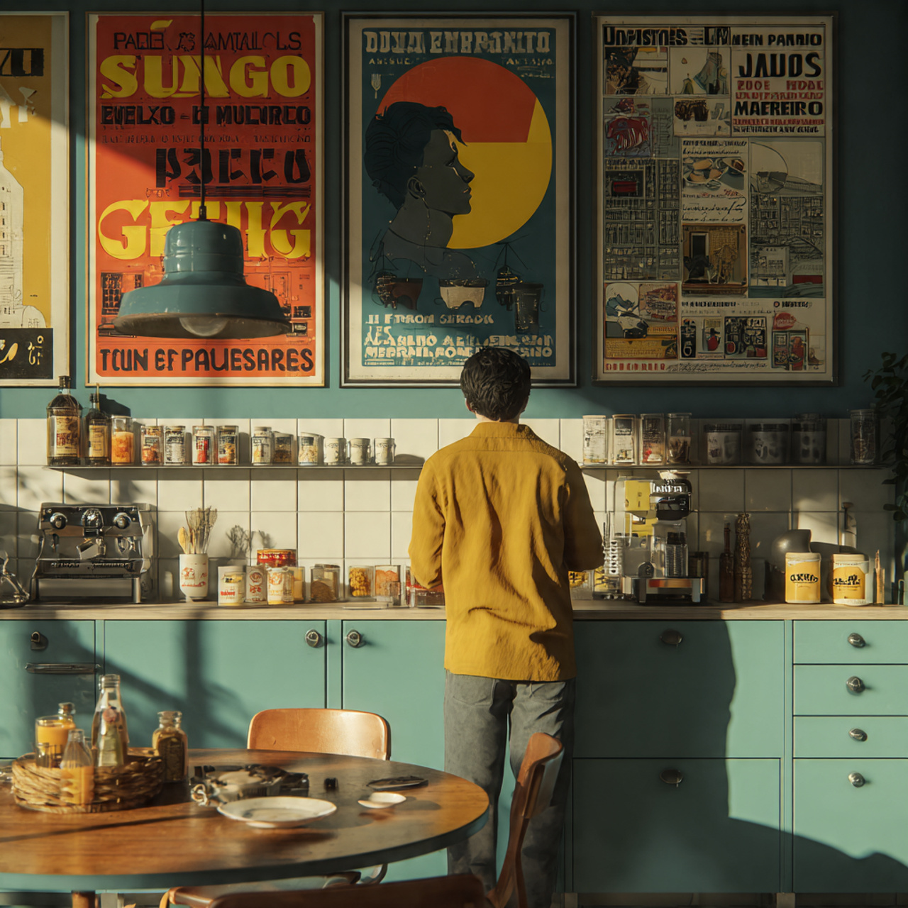 retro mid century kitchen with posters featuring s