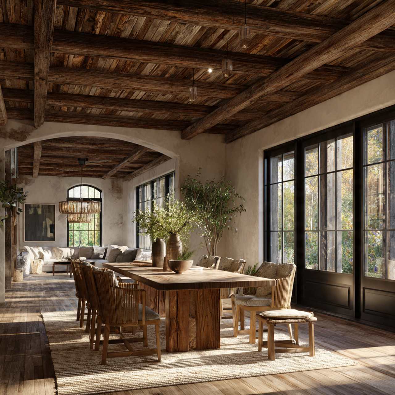 rustic farmhouse dining room with dark exposed woo
